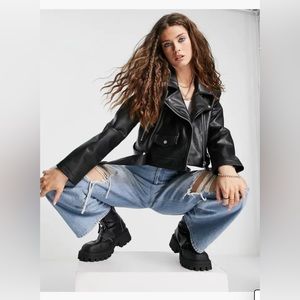 Topshop Faux Leather Biker Jacket in Black